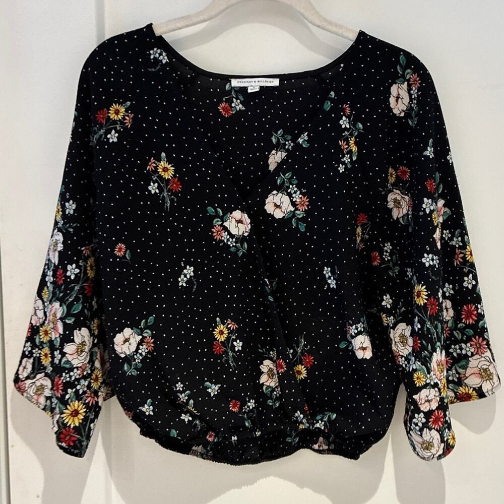 Crescent & Willough Black Floral Flouncy Blouse XS